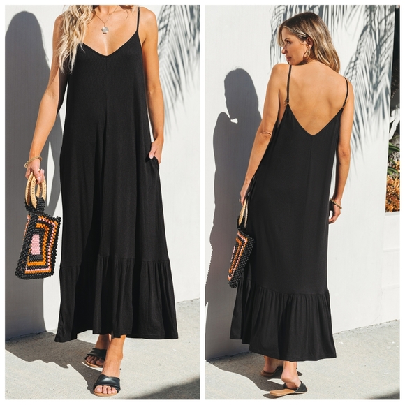 Cupshe Black V-Neck Sleeveless Jersey Maxi Dress | Size XL | NWT - Picture 1 of 1